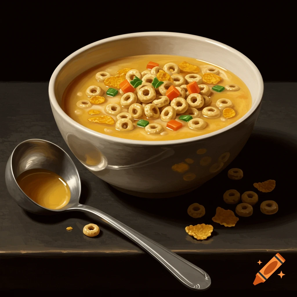 A bowl of cereal rings, flakes, and vegetables in a liquid, with a ladle beside it.