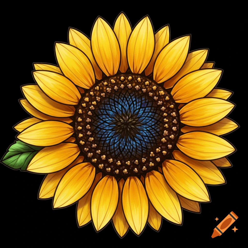 A sunflower with yellow petals and a blue and brown center against a black background.