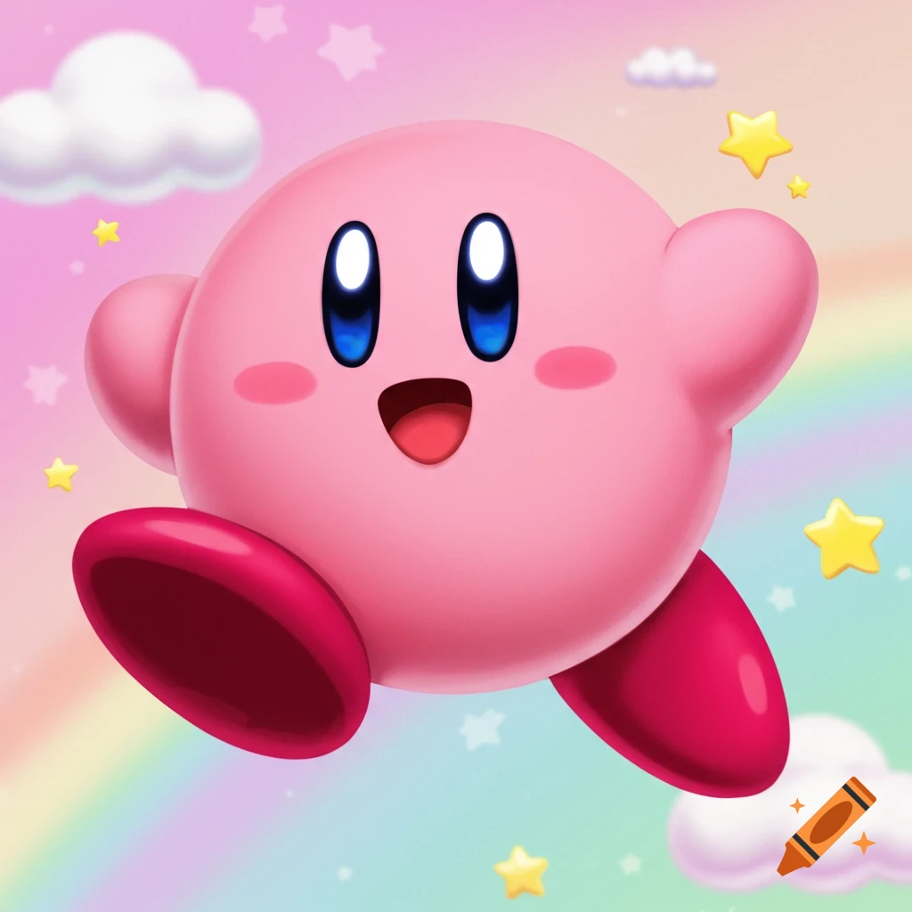 Kirby floats in a pastel sky with clouds, stars, and a rainbow.