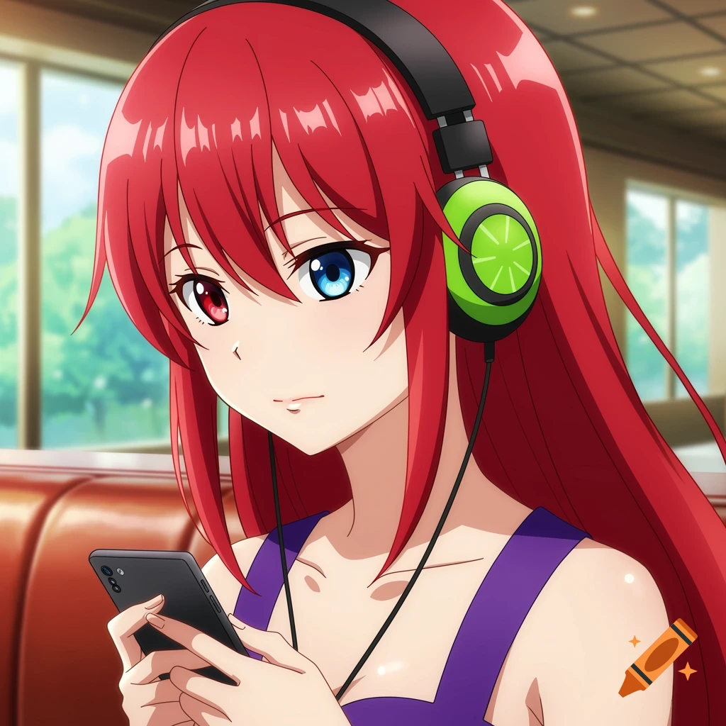 Anime girl with red hair and heterochromia eyes, wearing green headphones and a purple dress, looking at her smartphone in a diner.