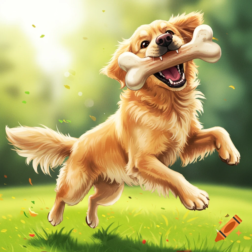 A golden retriever is shown jumping outdoors with a bone in its mouth.