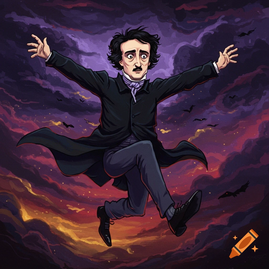 Cartoon Edgar Allan Poe jumping through a dark, stormy sky with bats.