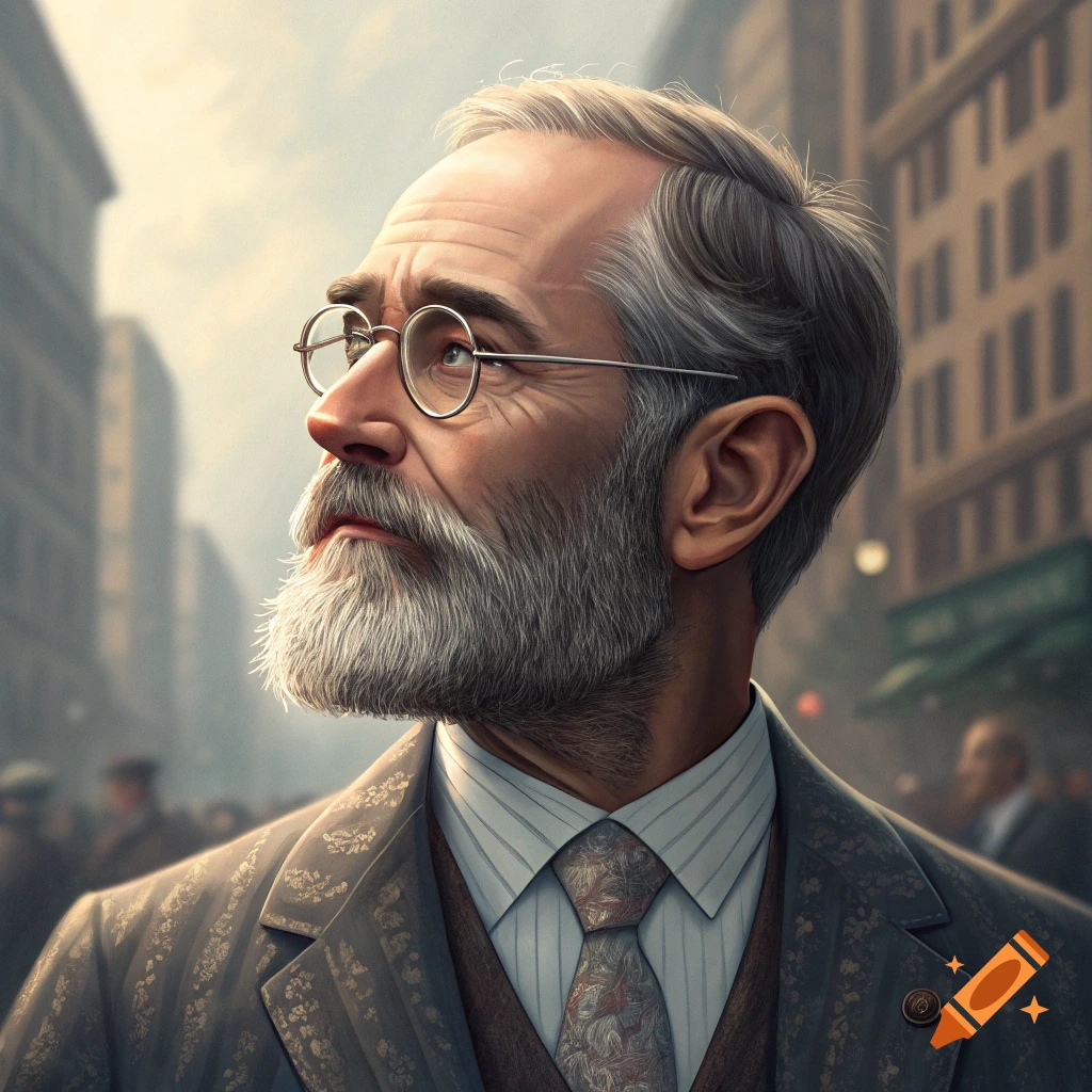Portrait of an older man with glasses and beard looking up, with a blurred city background.