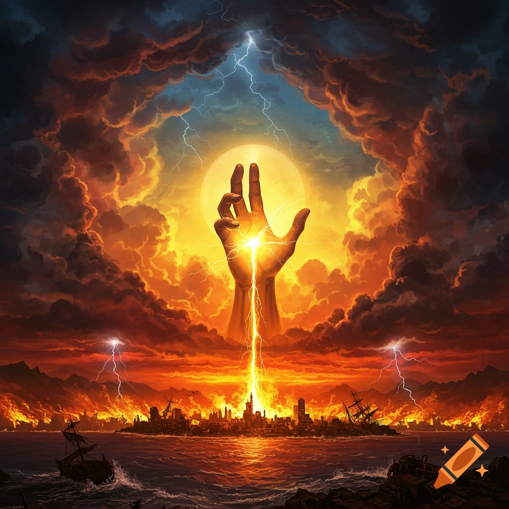 Giant hand from stormy sky strikes city with lightning, fire and destruction below.