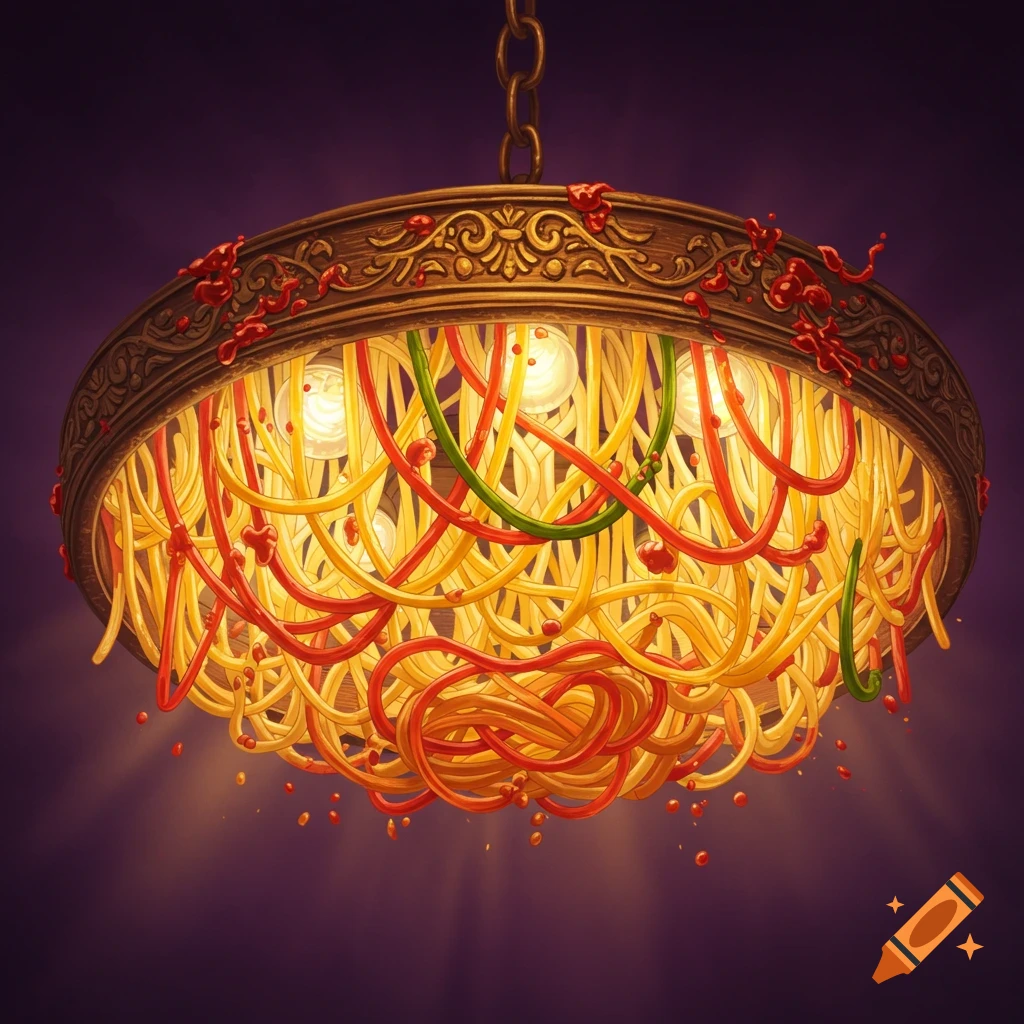 A chandelier made of spaghetti, sauce, and meatballs.