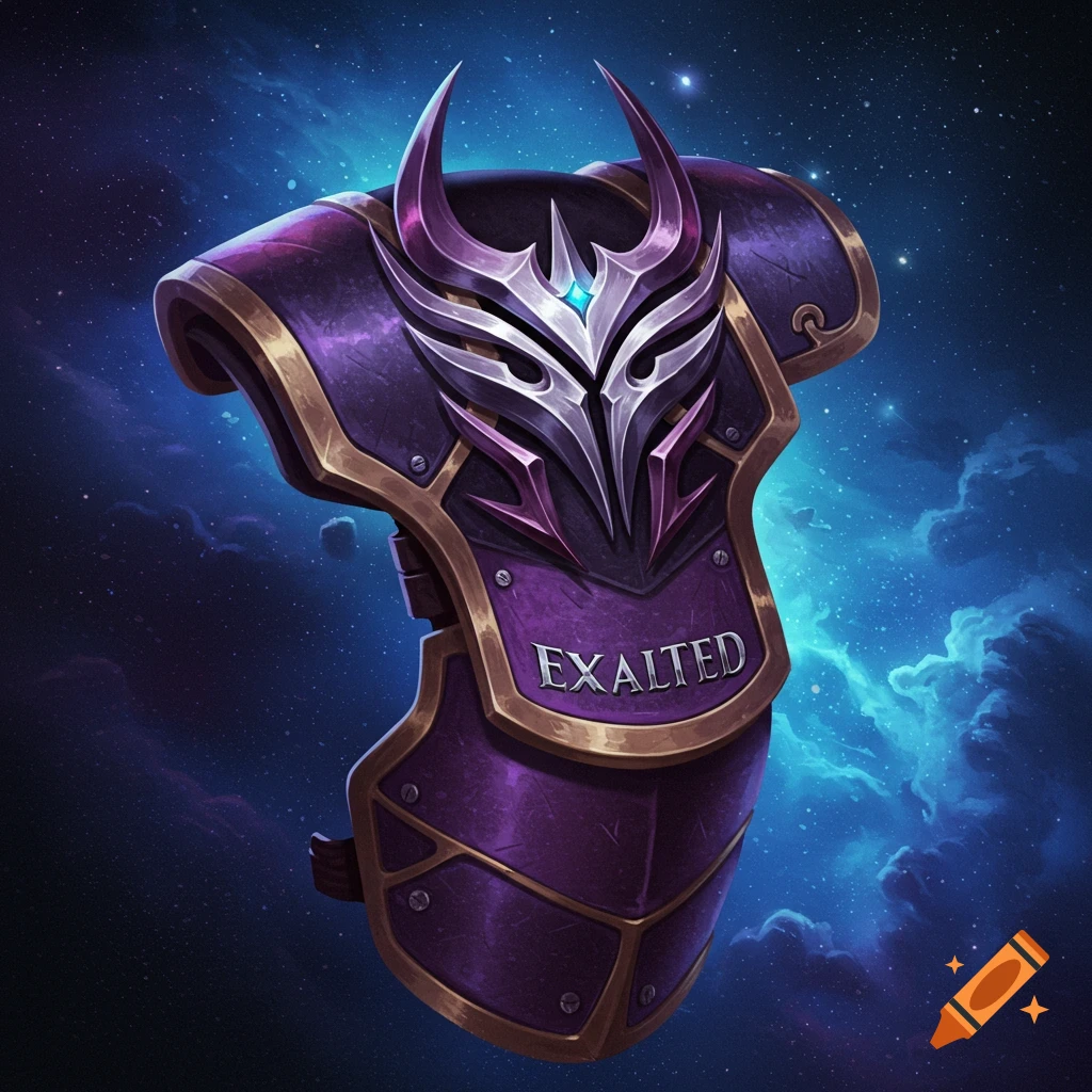 Purple fantasy armor chestplate with 'EXALTED' on it, against a starry space background, digital art style.