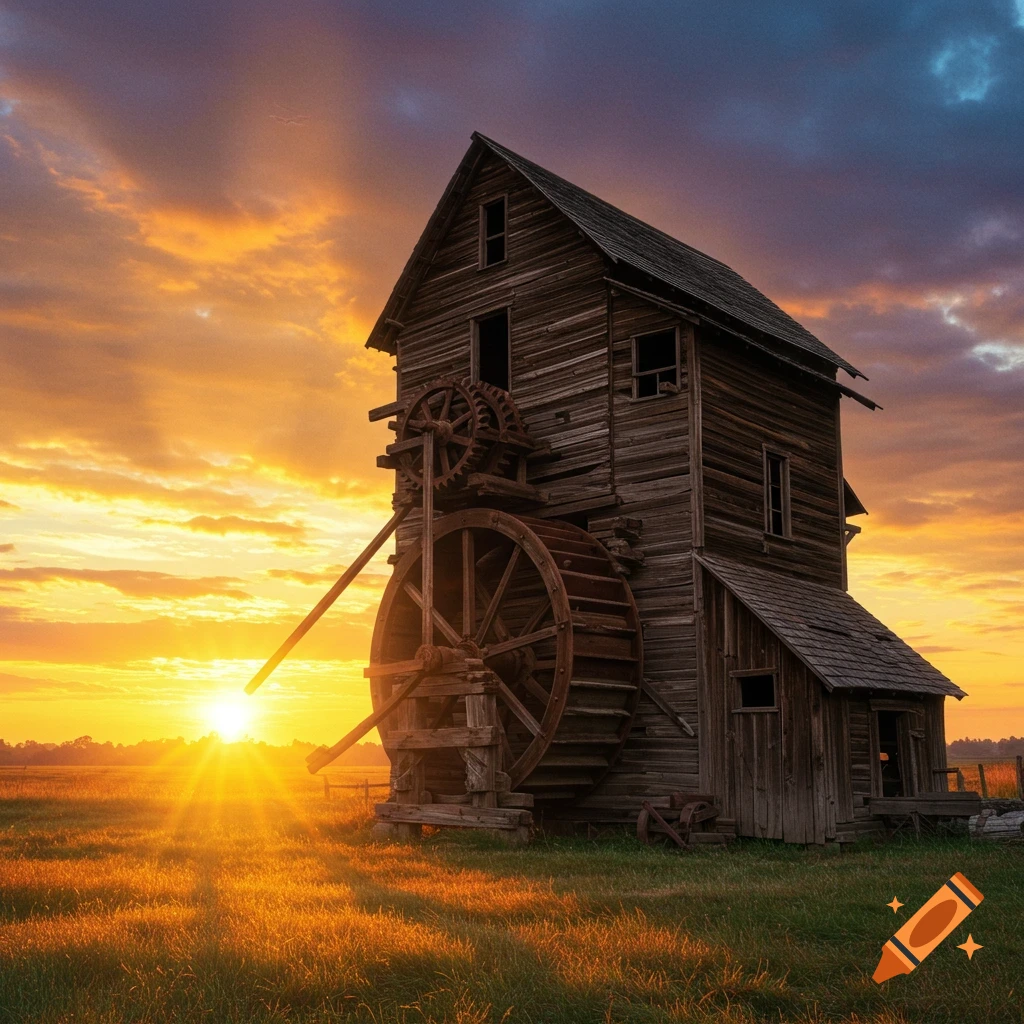 Old wooden grain mill with a water wheel at sunrise in a grassy field.