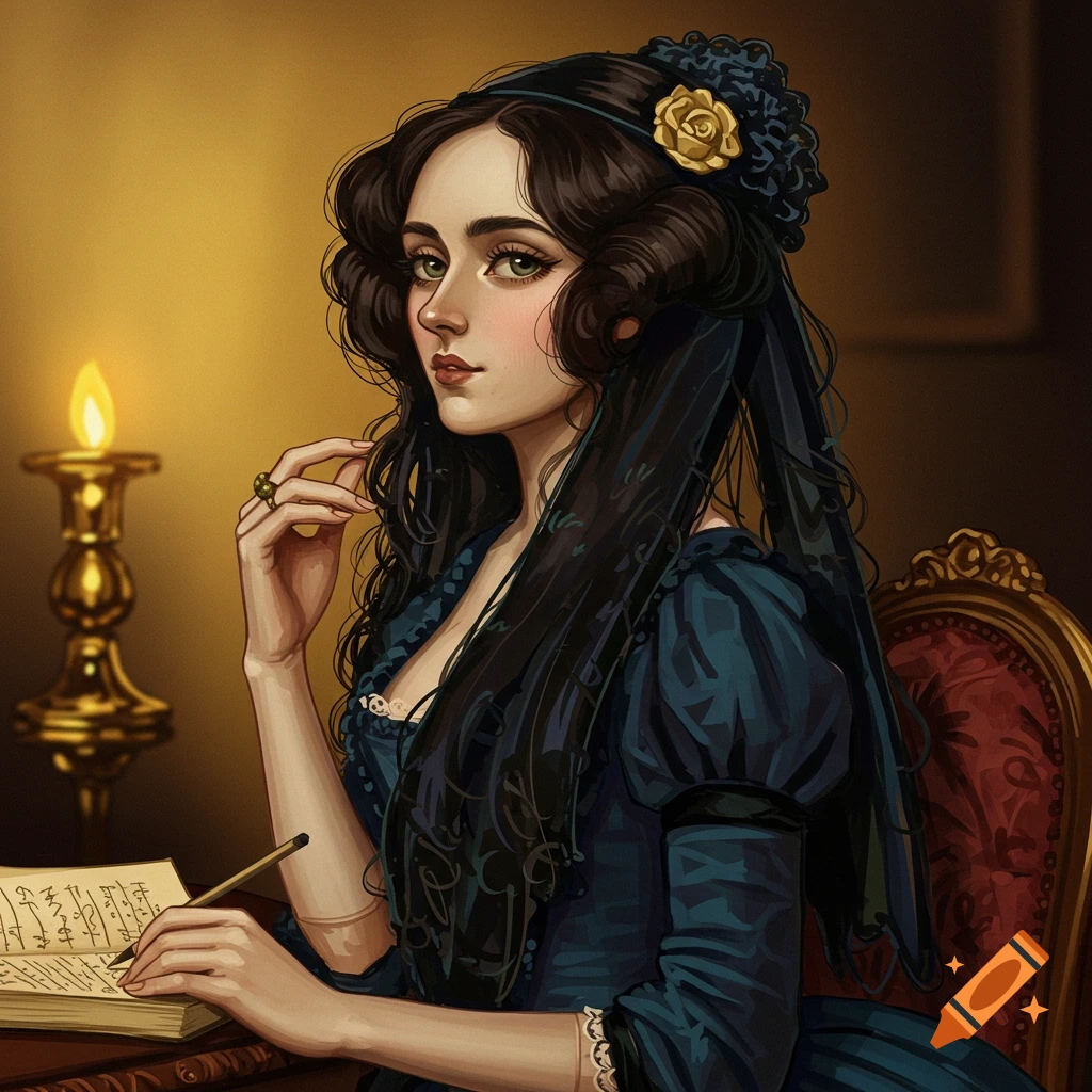A woman in historical dress writing in a book by candlelight.