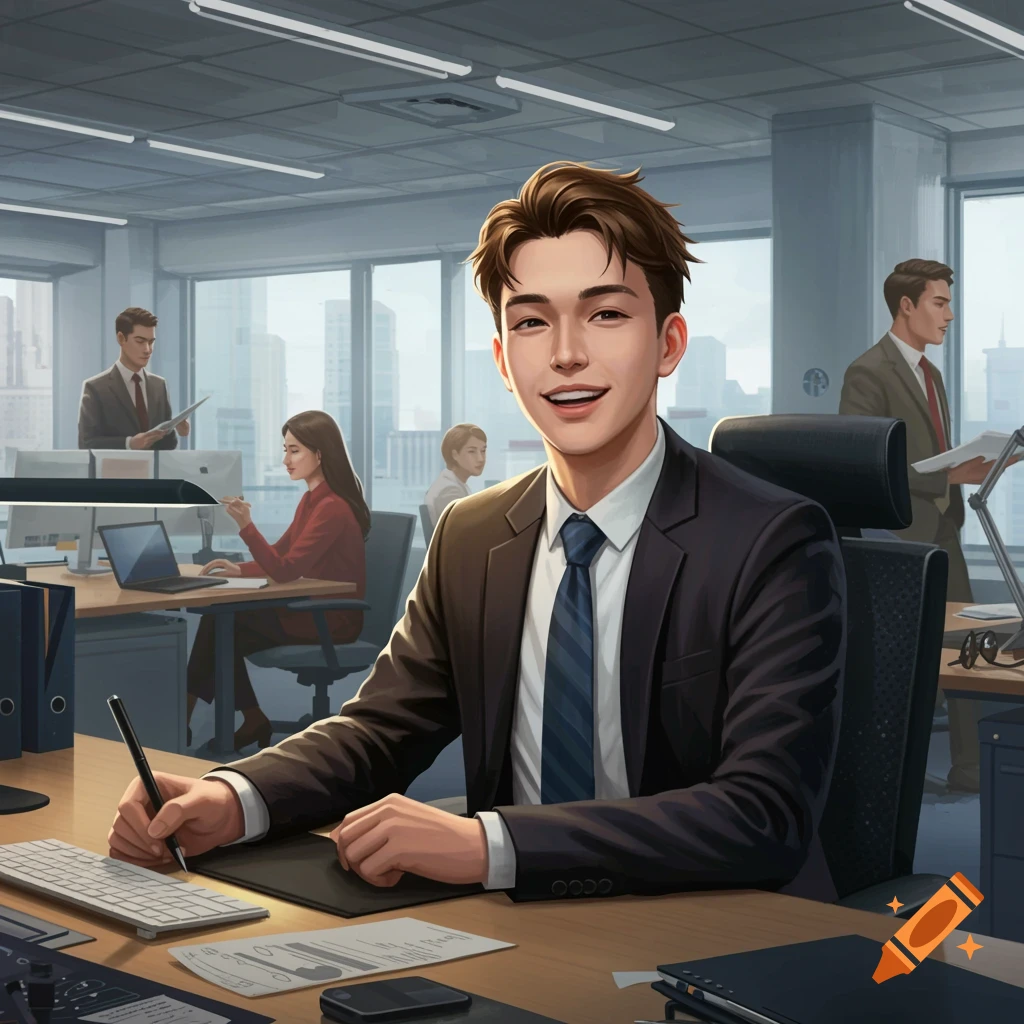 A young man in a suit is working at a desk in a modern office with coworkers in the background.