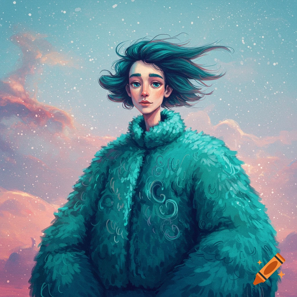 A person in a fluffy teal coat against a cloudy sky with snowflakes.