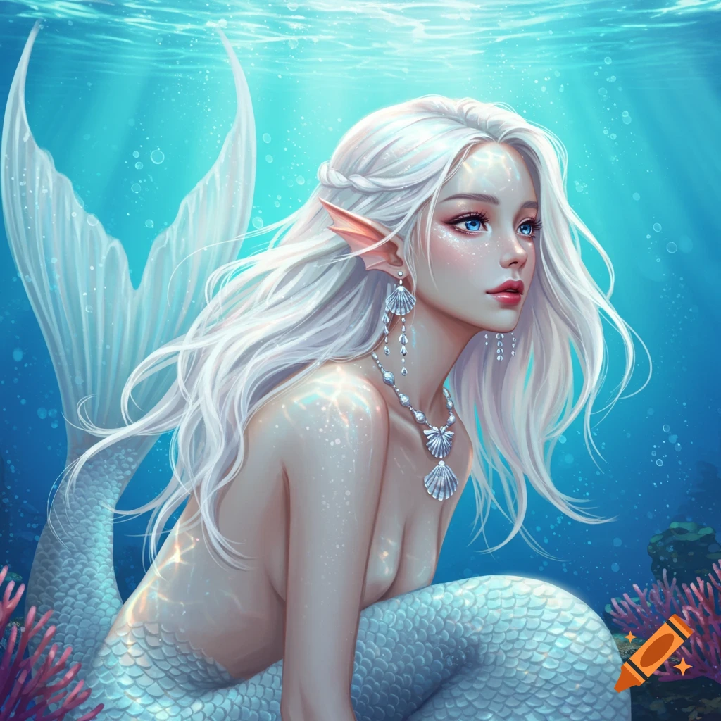 Underwater image of a mermaid with white hair and blue tail.