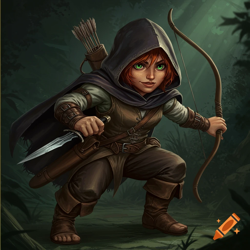 Illustration of a red-haired halfling character holding a dagger and bow in a forest.