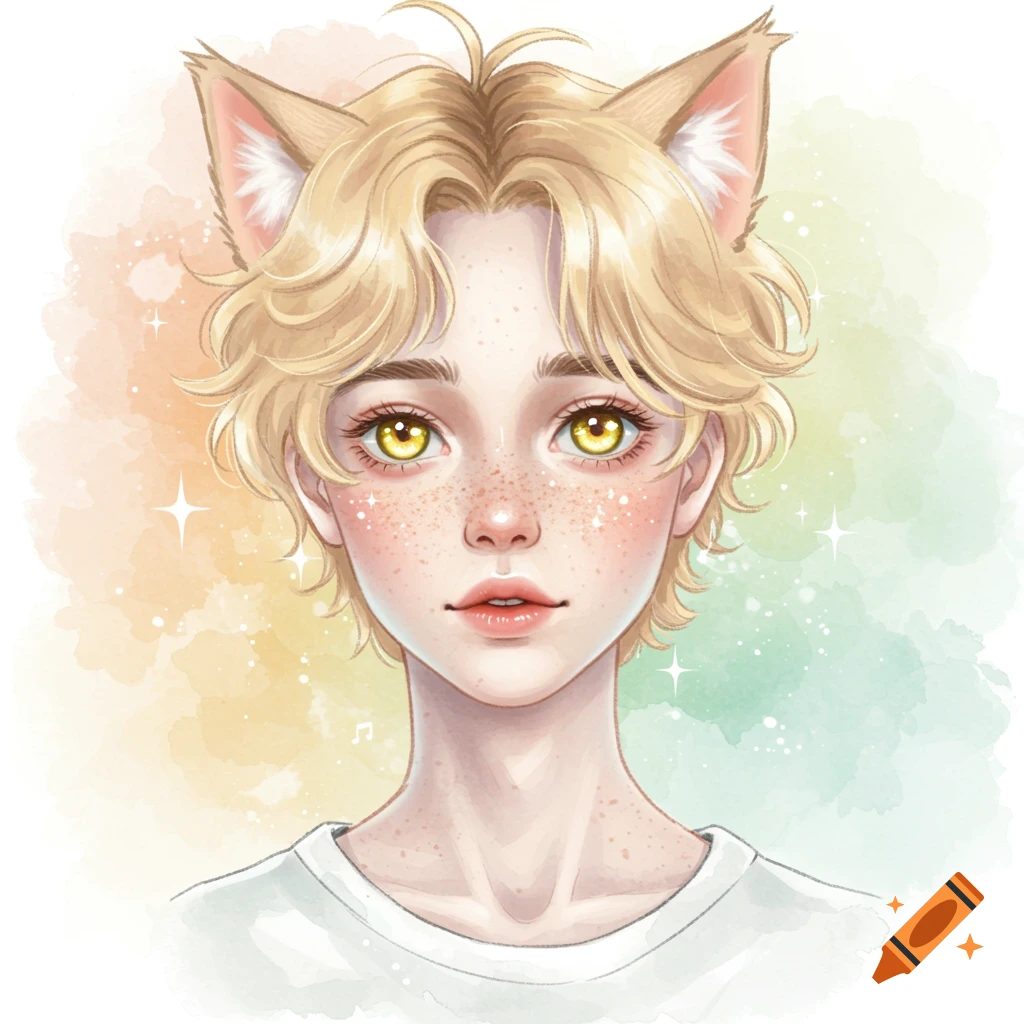 A watercolor portrait of a person with blonde hair, cat ears, golden eyes, and freckles.