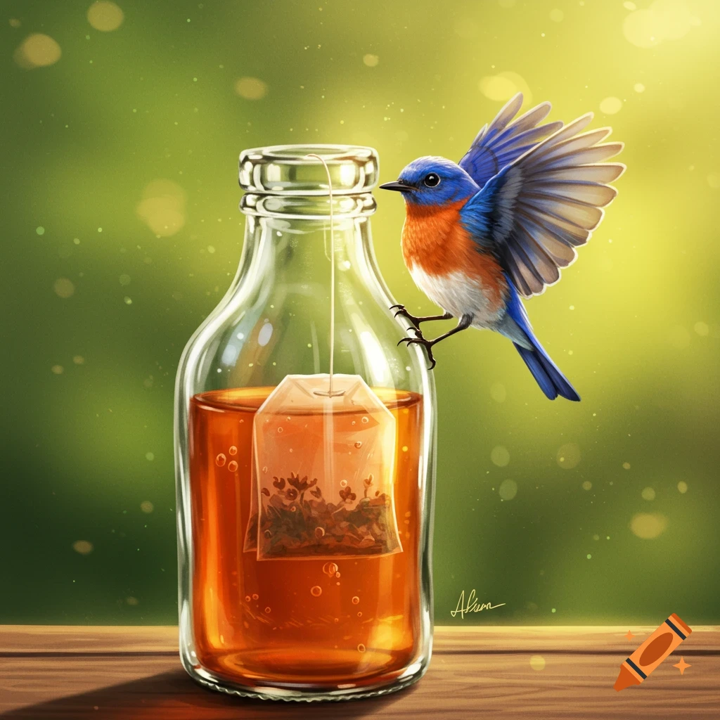 A blue bird perched on a bottle with a teabag inside.