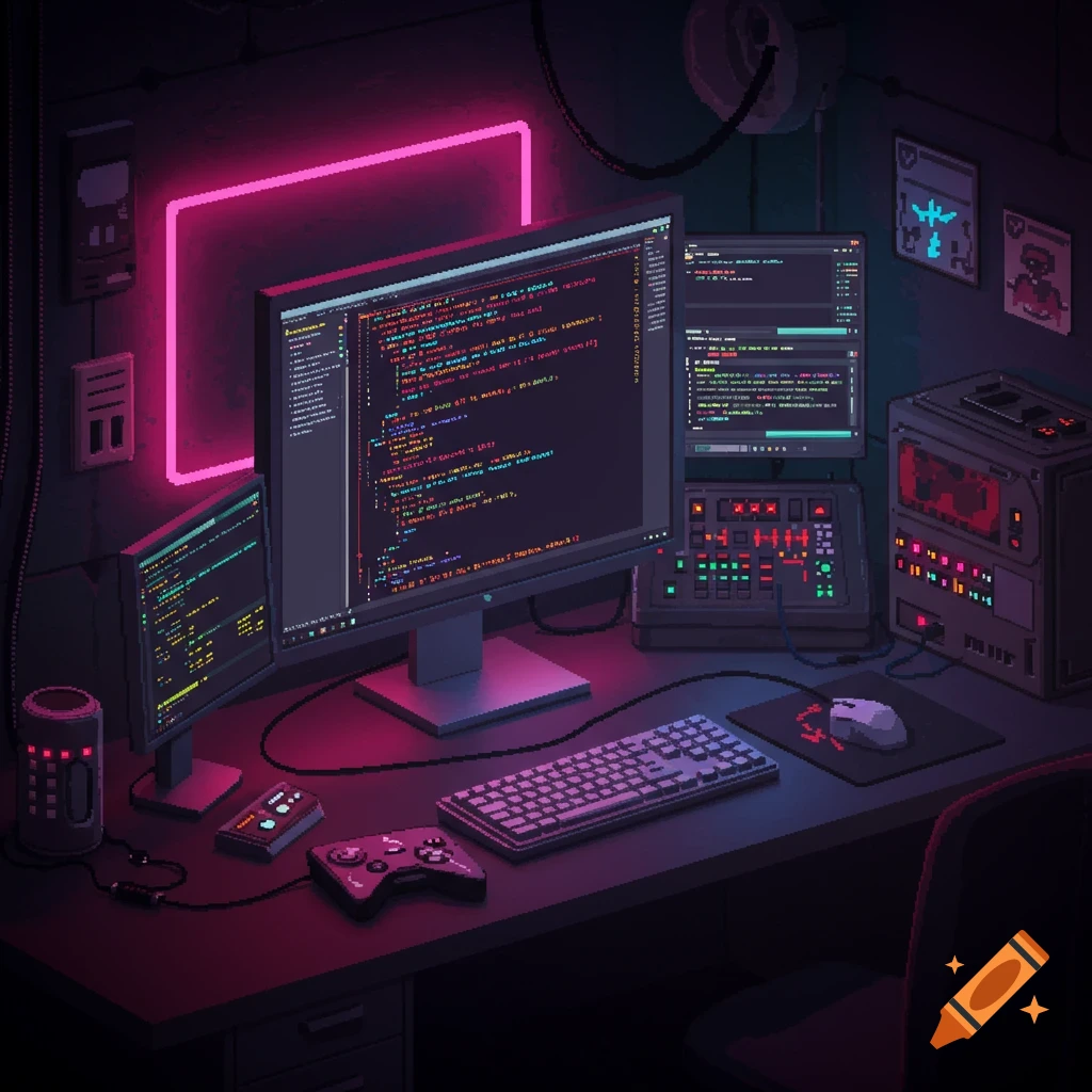 Pixel art of a computer workspace with multiple monitors showing code, keyboard, mouse, controller, and pink neon lights.