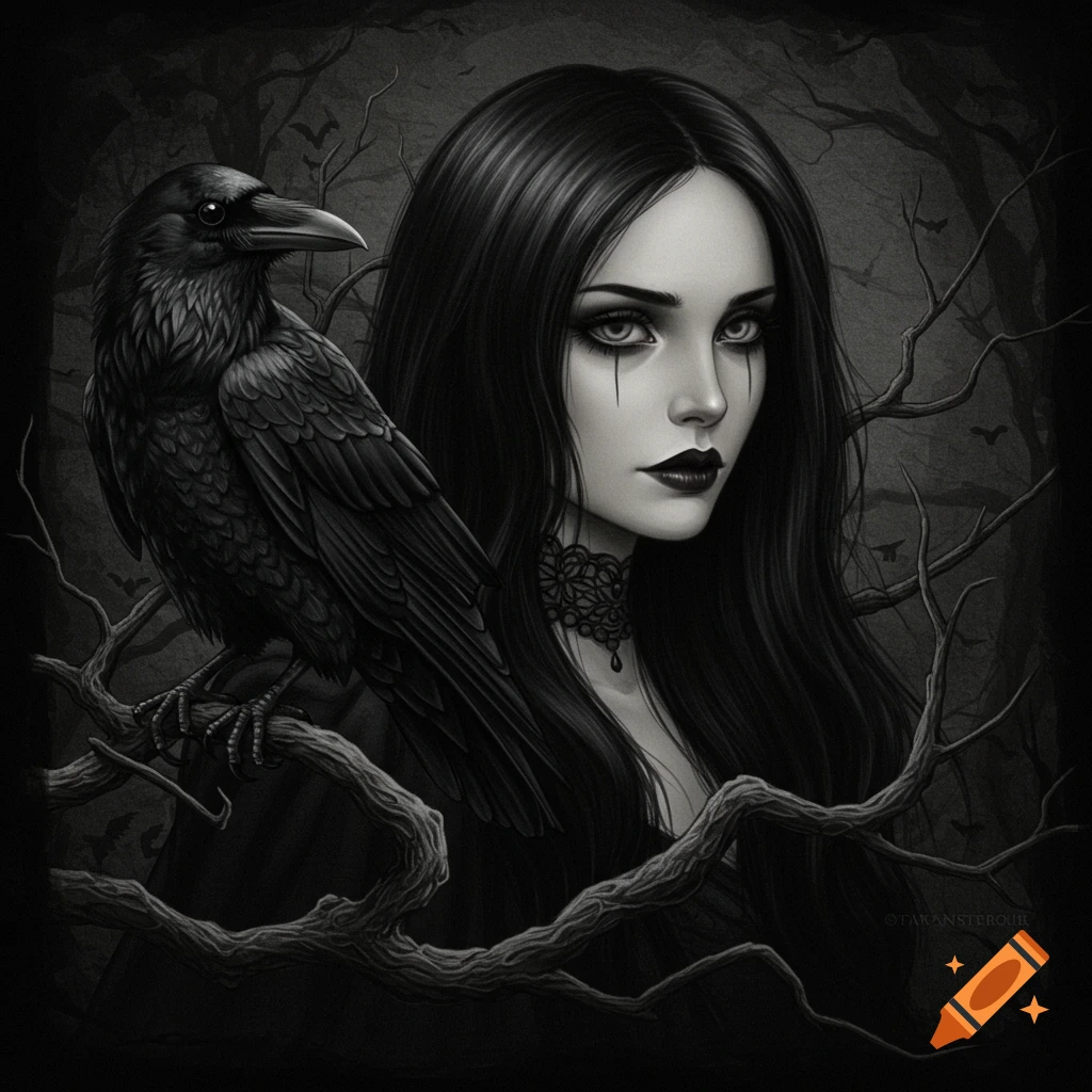 Gothic woman with a raven on a branch in a dark forest, pencil drawing style.