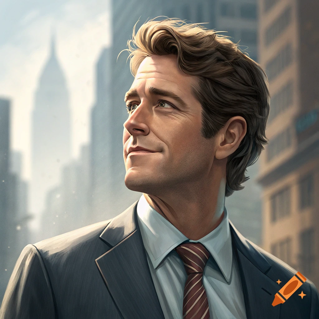 A man in a suit looks up at a blurry city skyline.
