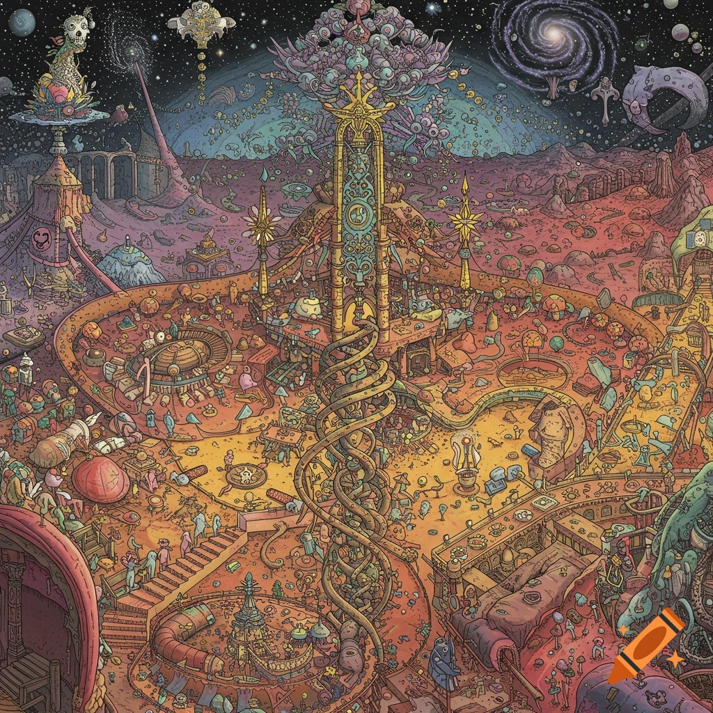 A highly detailed, complex illustration of a fantastical alien landscape with intricate structures, strange creatures, and celestial bodies.