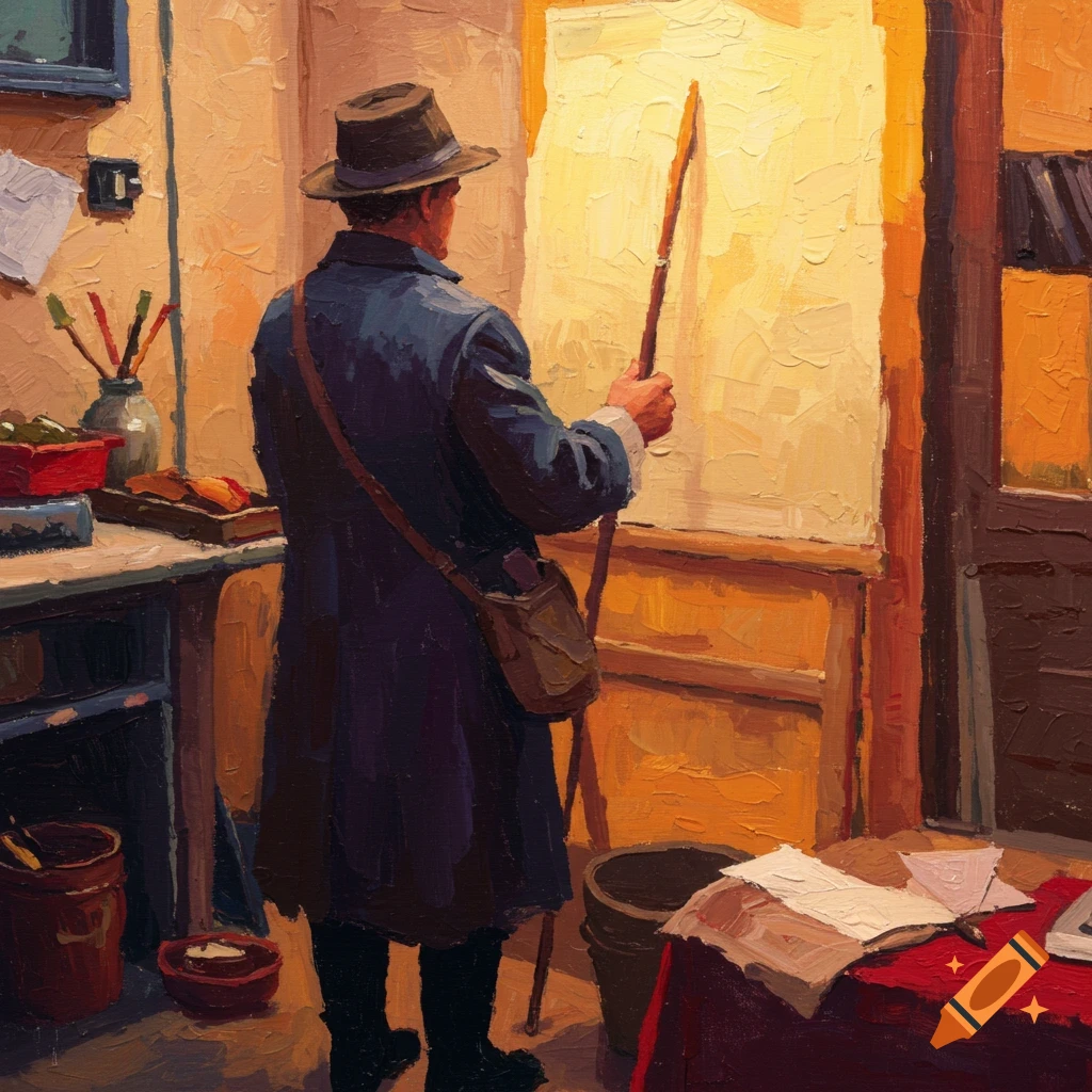 An artist painting on a canvas in a studio
