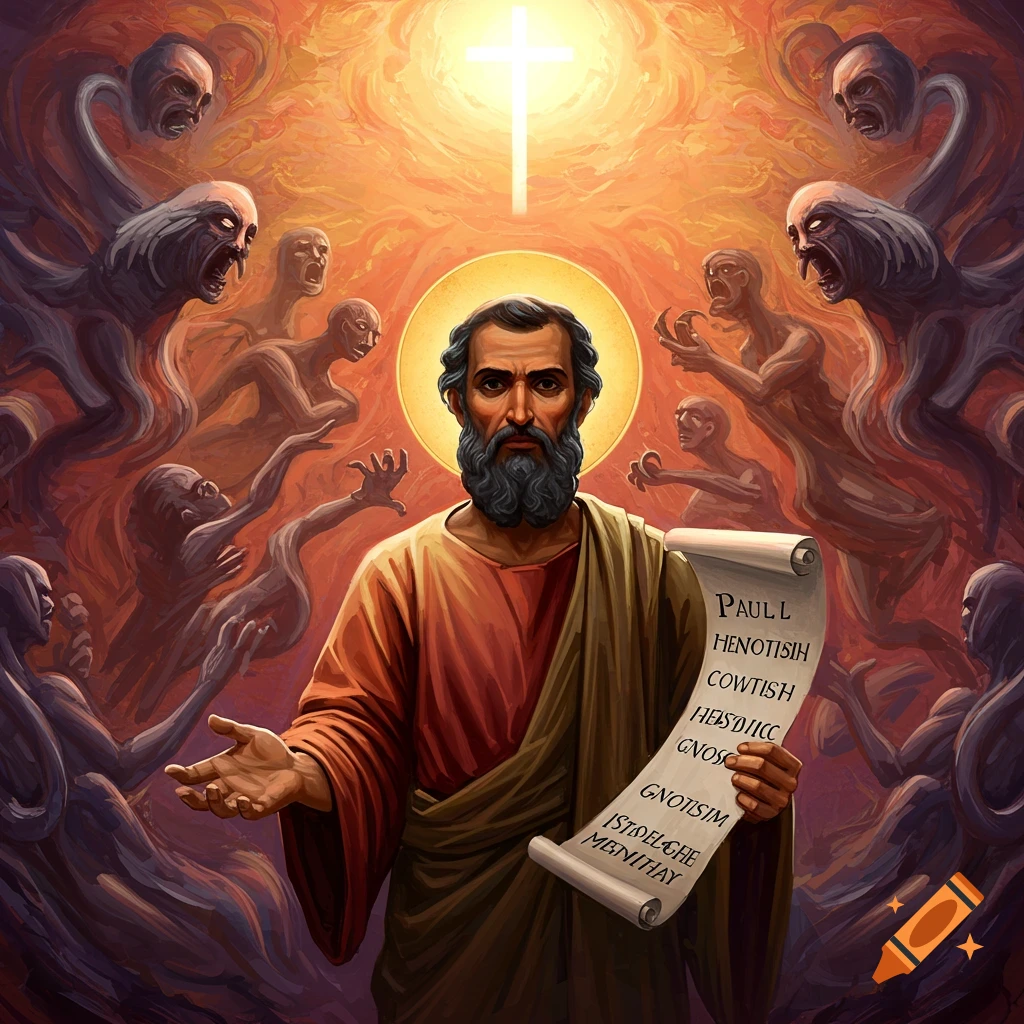 Paul holding a scroll, surrounded by shadowy, anguished figures under a bright cross.