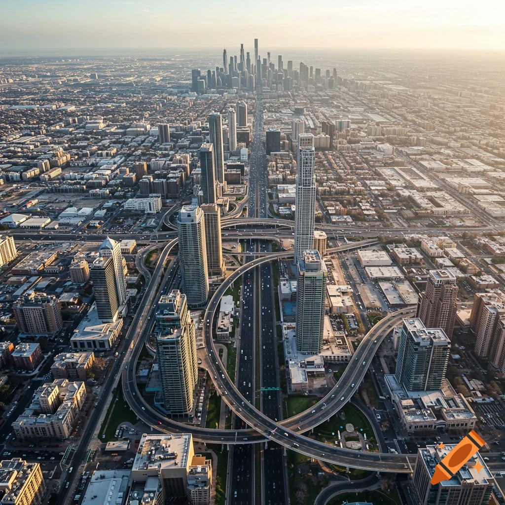 Aerial view of a large city with skyscrapers and complex highway interchanges