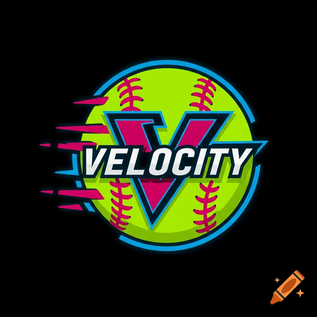 Logo for Velocity travel softball team with text on a yellow softball, black background