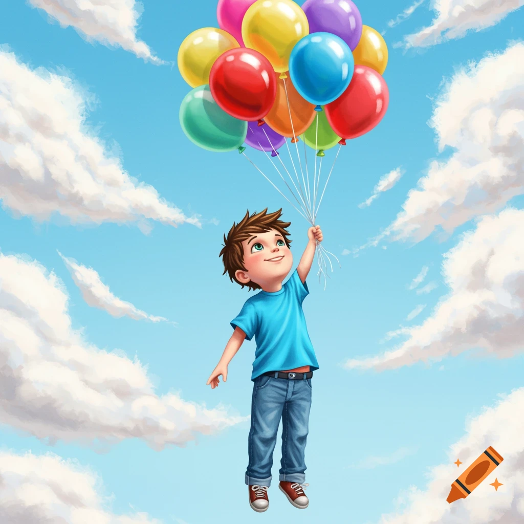 A boy floats in a cloudy sky holding a bunch of colorful balloons.