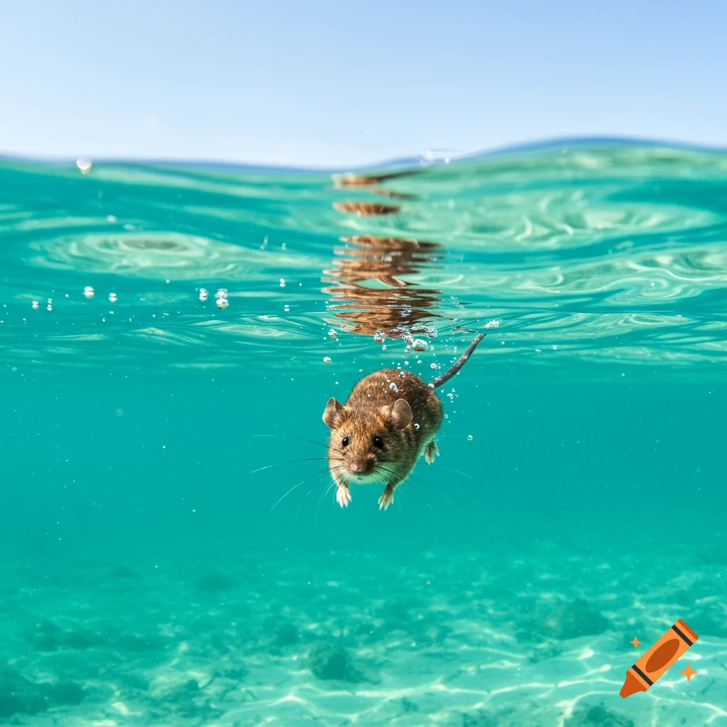 A small mouse swims underwater towards the camera in clear turquoise water.