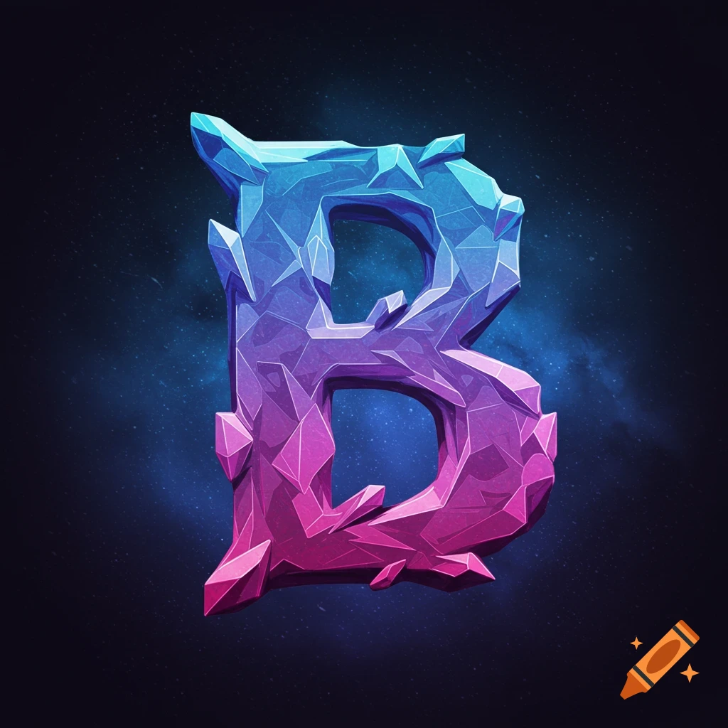 A stylized letter B made of blue and pink crystals on a dark background.