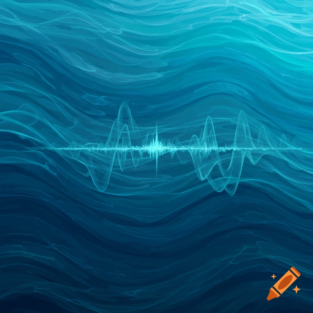Abstract blue ocean waves with a glowing sound wave visualization through the middle.