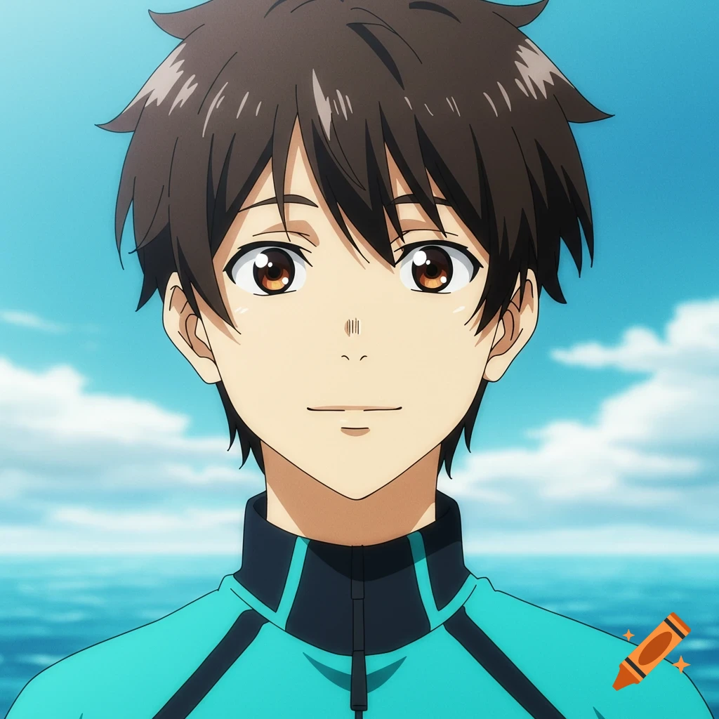 Anime portrait of a young man in a blue shirt with an ocean background.