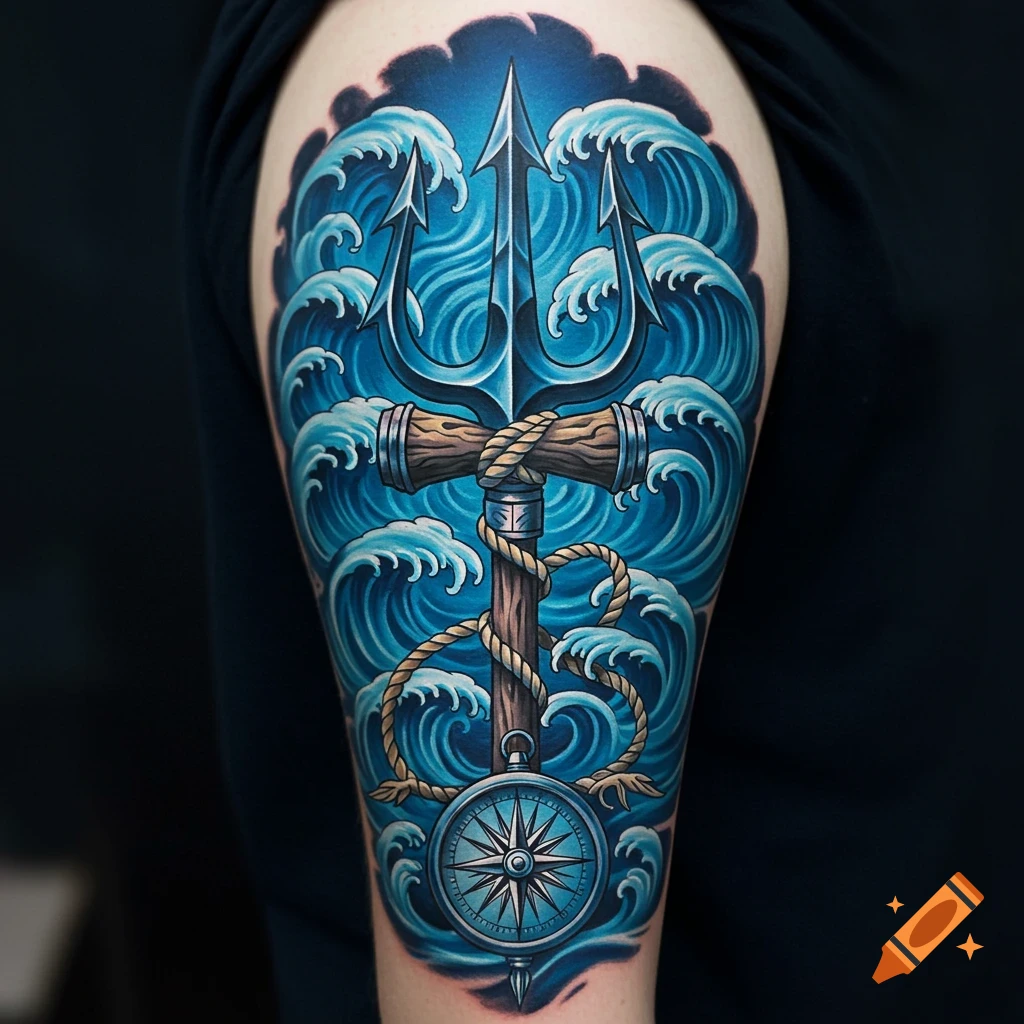 A nautical tattoo on an arm featuring a trident, rope, compass, and waves.