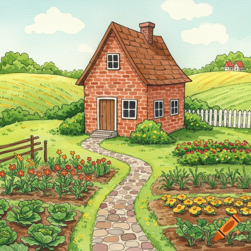 Watercolor illustration of a brick house, garden, and landscape.