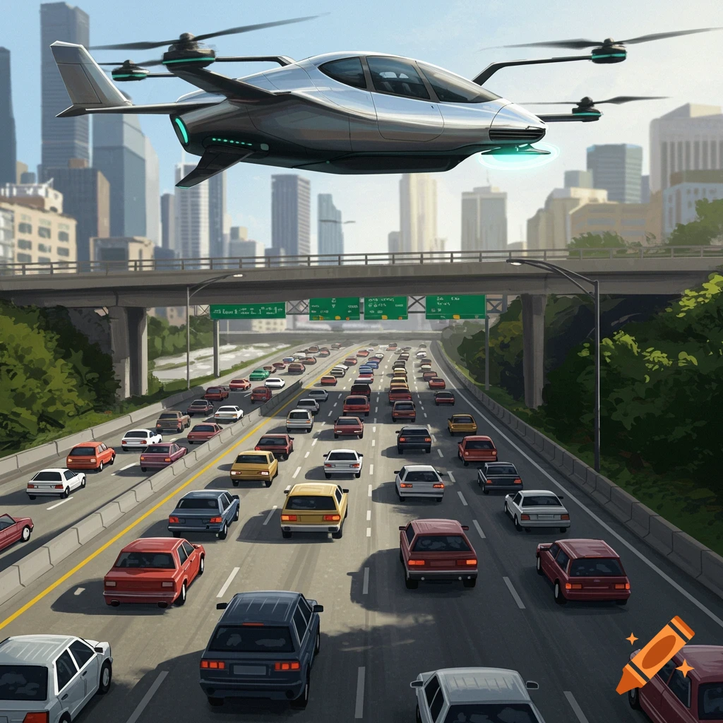 A futuristic flying car soars above a congested highway in a city.
