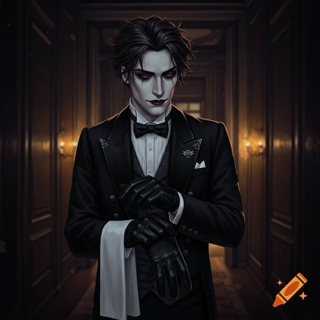 A dark fantasy character in a butler suit and gloves standing in a hallway.