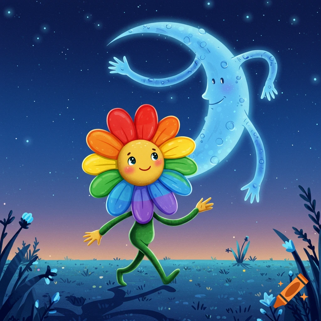 Cartoon rainbow flower walks under starry sky, followed by a blue crescent moon character.