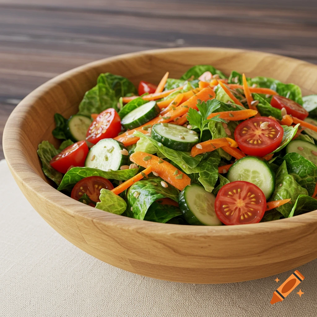 A wooden bowl filled with a salad of lettuce, cucumbers, tomatoes, and shredded carrots on a table.