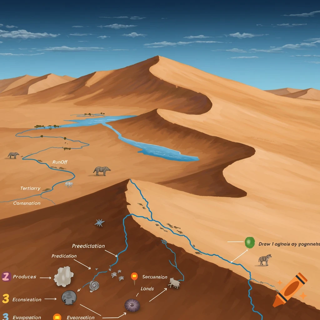 Illustration of a desert landscape with dunes, a river, animals, and a diagram showing natural processes and elements with text labels.
