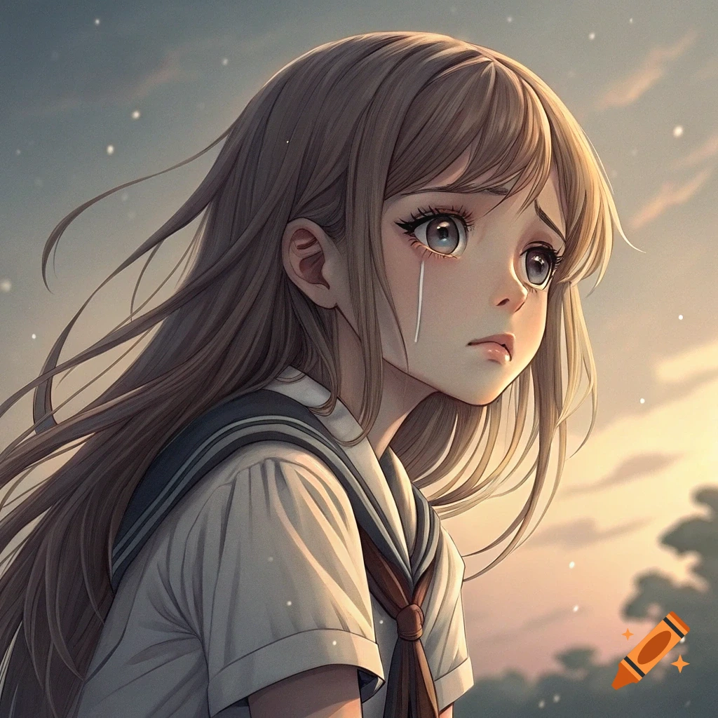 Anime style illustration of a sad girl with long hair in a school uniform crying under a cloudy sky.