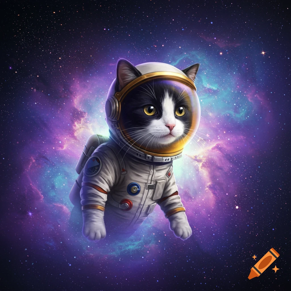A black and white cat wears an astronaut suit and floats in space among colorful nebulas and stars.