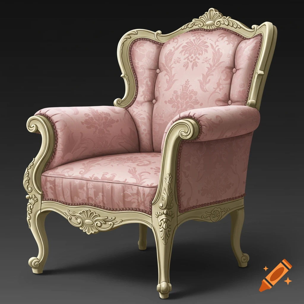 Ornate pink upholstered armchair with carved legs.