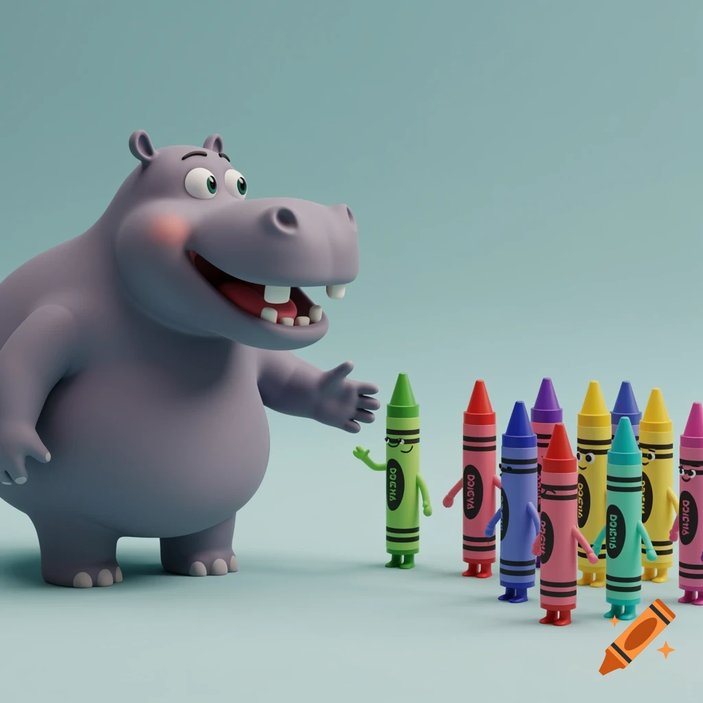 A friendly cartoon hippo greets a line of colorful anthropomorphic crayons.