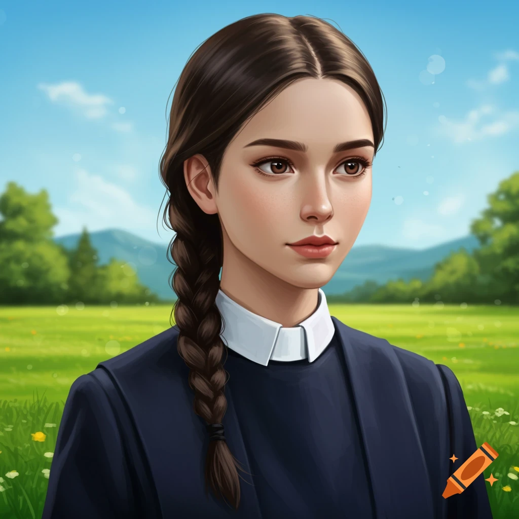 A young woman with a braid in a navy dress with a white collar, standing in a sunny field.