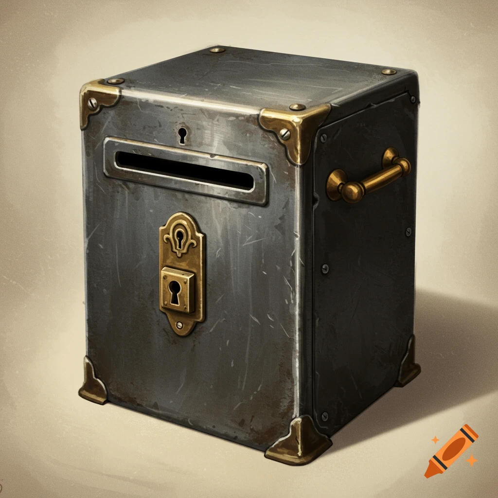 A dark metallic bank box with gold accents