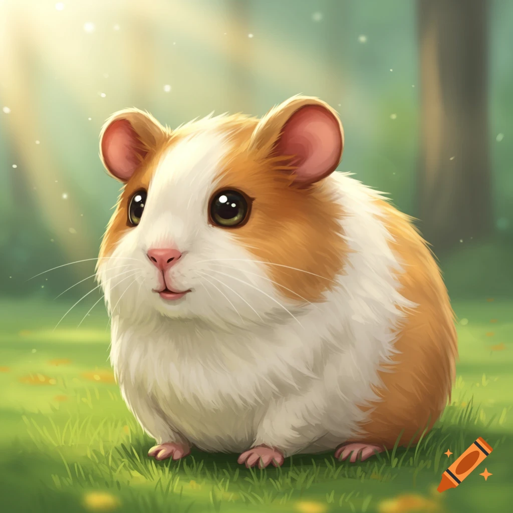 A cute, fluffy guinea pig-bunny creature with big eyes sits in a sunny cartoon forest clearing.