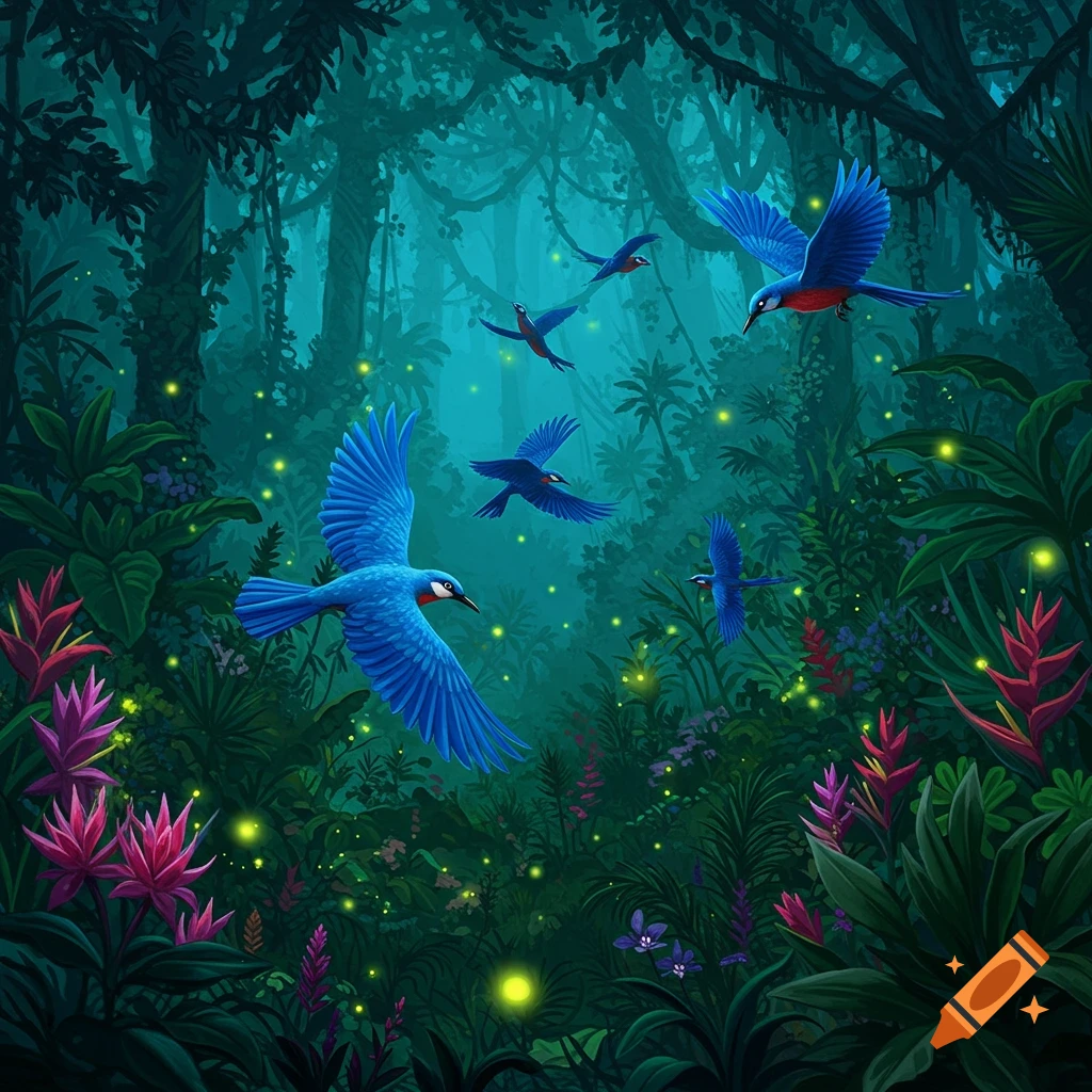 Blue birds flying through a dark, glowing jungle with fireflies.