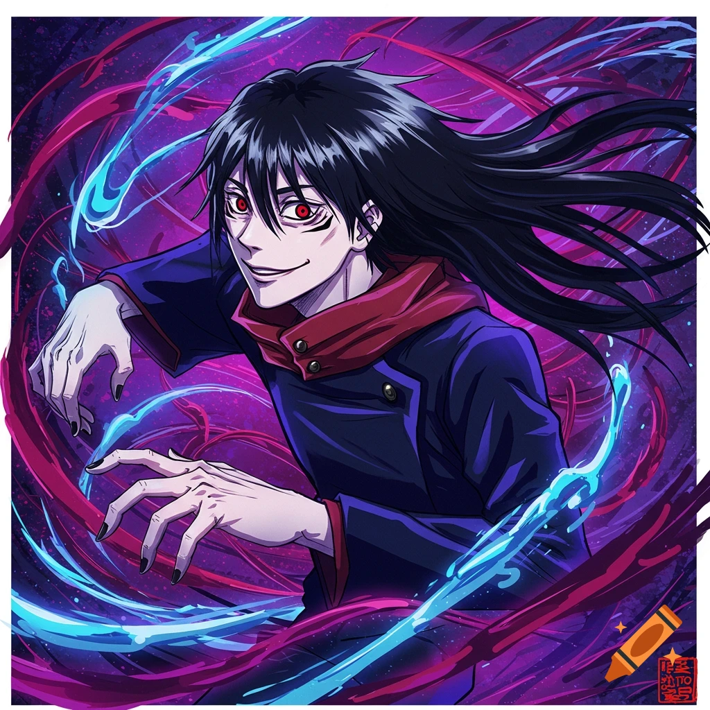 Anime illustration of Mahito from Jujutsu Kaisen with red eyes, dark coat, and flowing hair, surrounded by blue and purple energy.