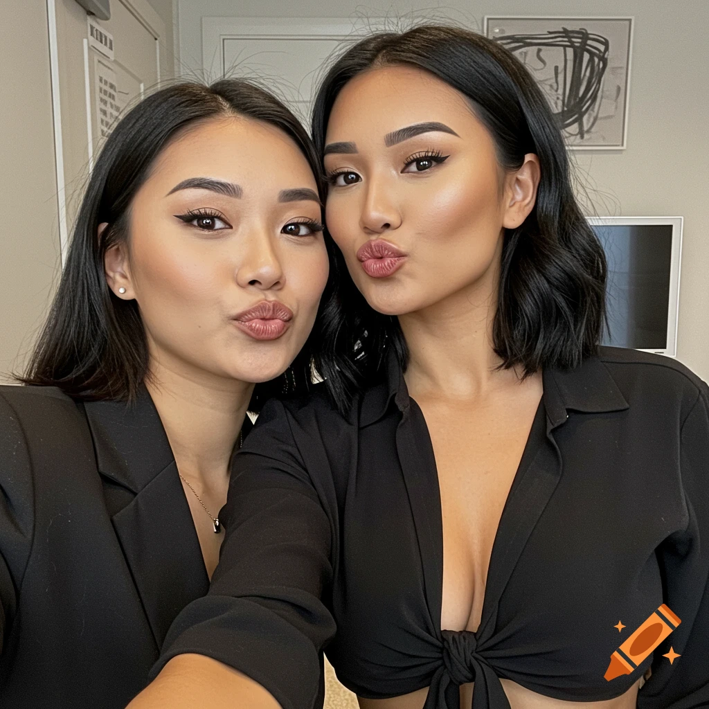 Two women pose for a selfie puckering lips, one in a black blazer, one in a black tied shirt.