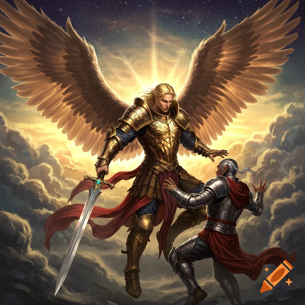 A winged angel in golden armor battling a knight in the sky