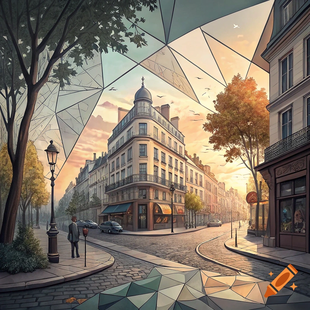 Stylized view of a street corner with buildings, trees, and geometric overlays at sunrise.